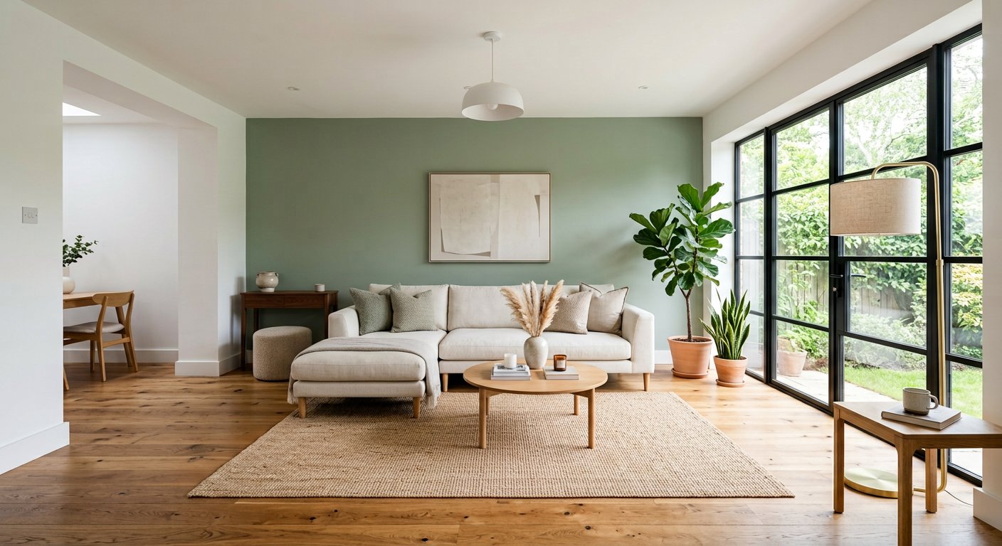 Bright renovated living room with oak floors and large windows