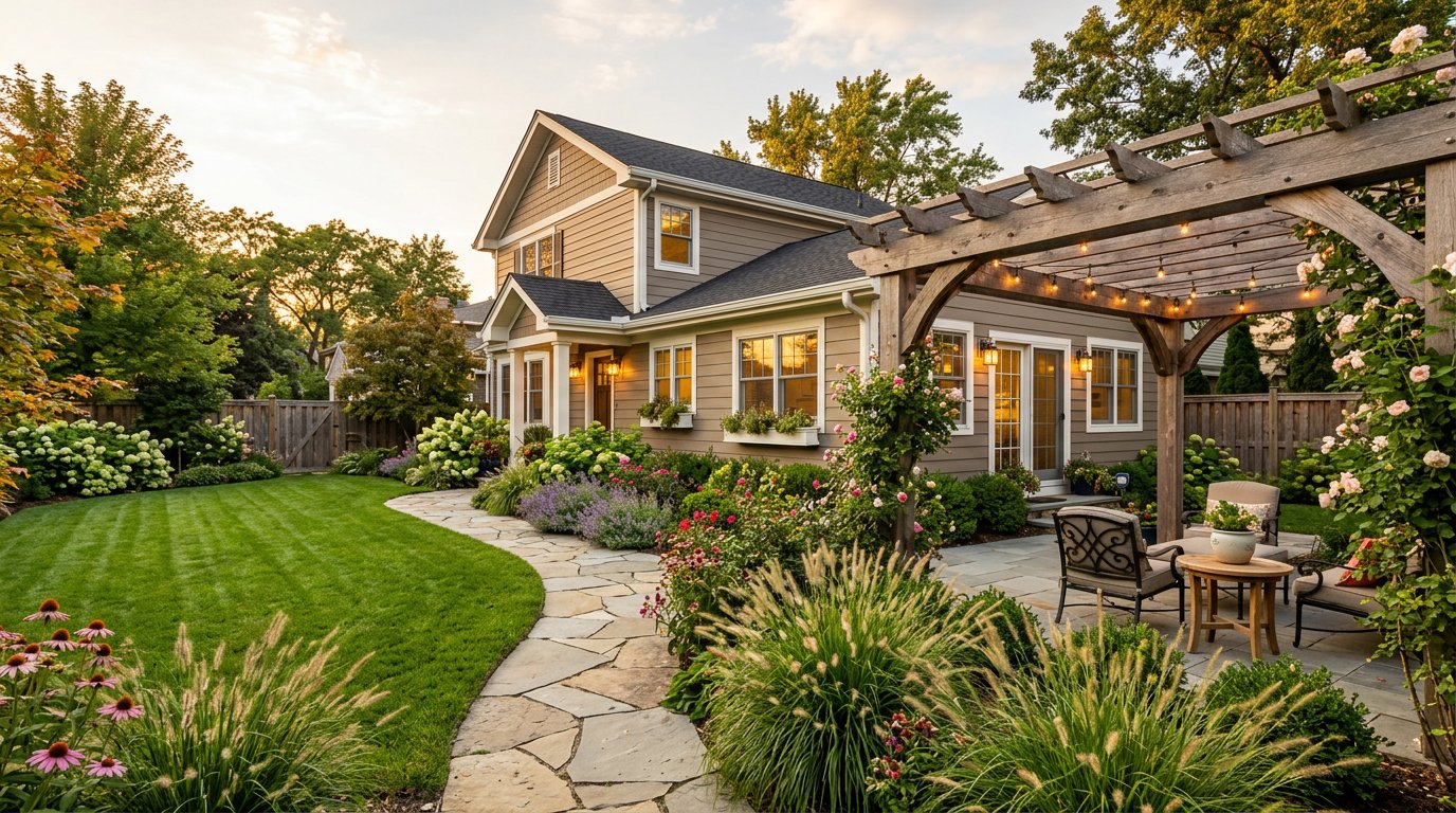 Renovated garden with stone path, planting and a timber pergola