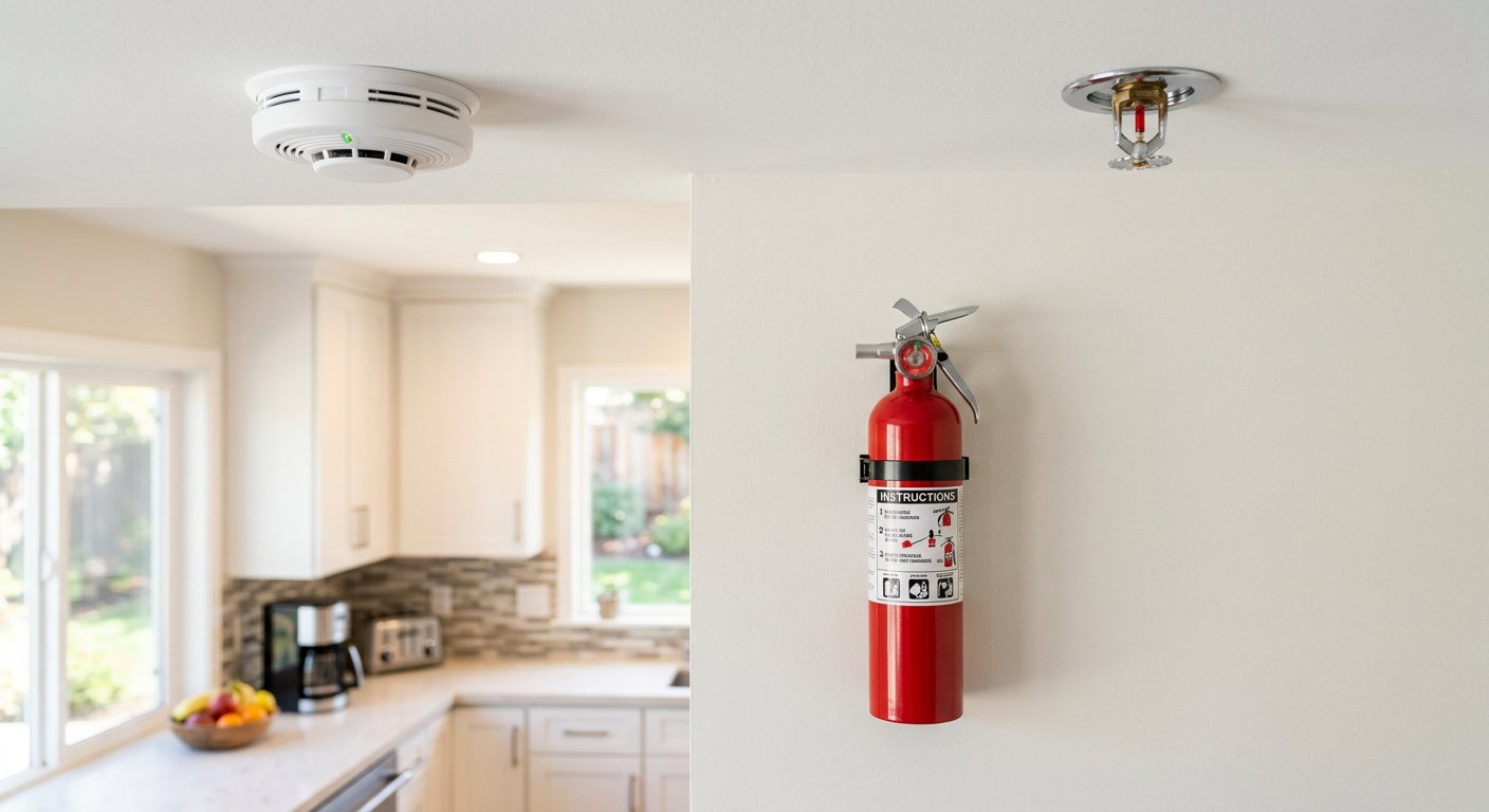 Smoke detection and extinguisher equipment installed in a modern kitchen