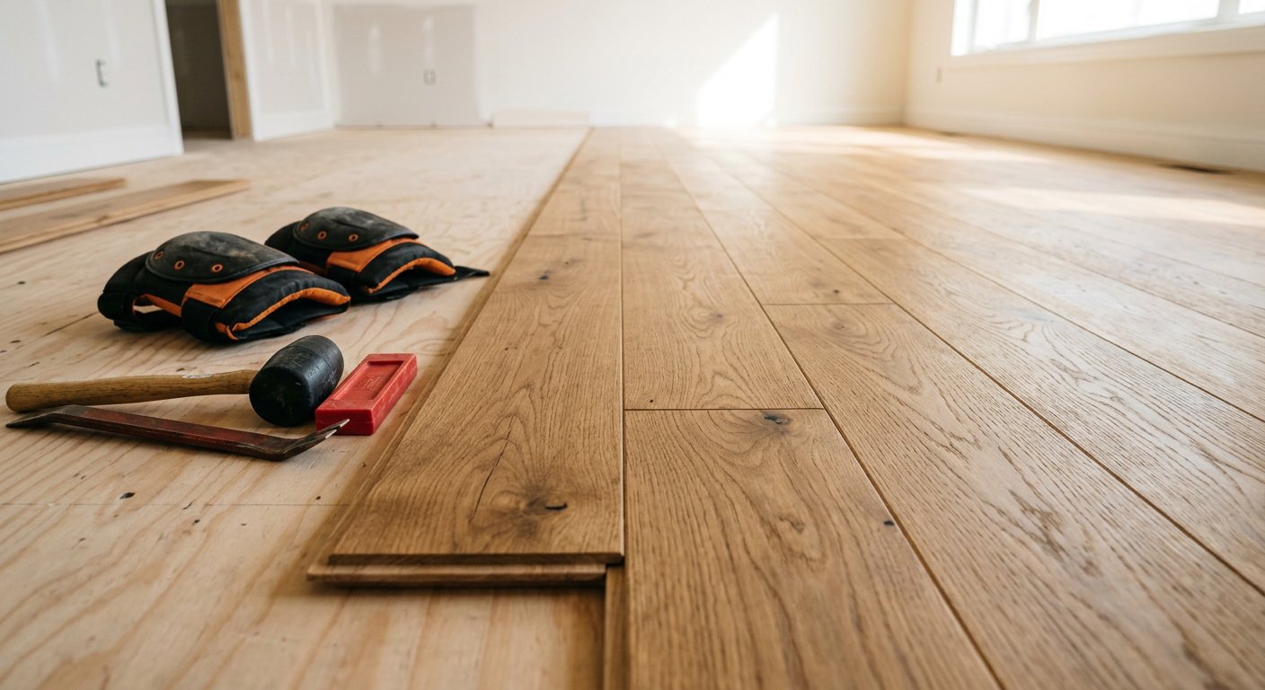 Wide-plank hardwood flooring being laid in a sunlit room