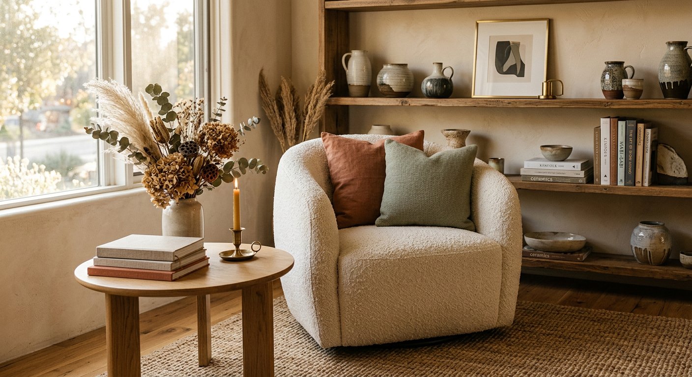 Styled living room with layered textiles, warm light and curated decor