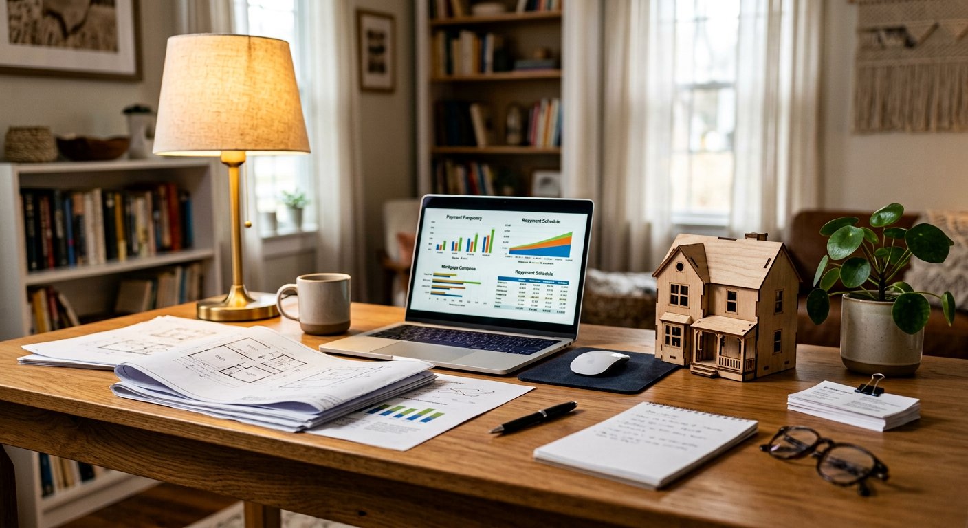 Desk with renovation paperwork, house model and laptop