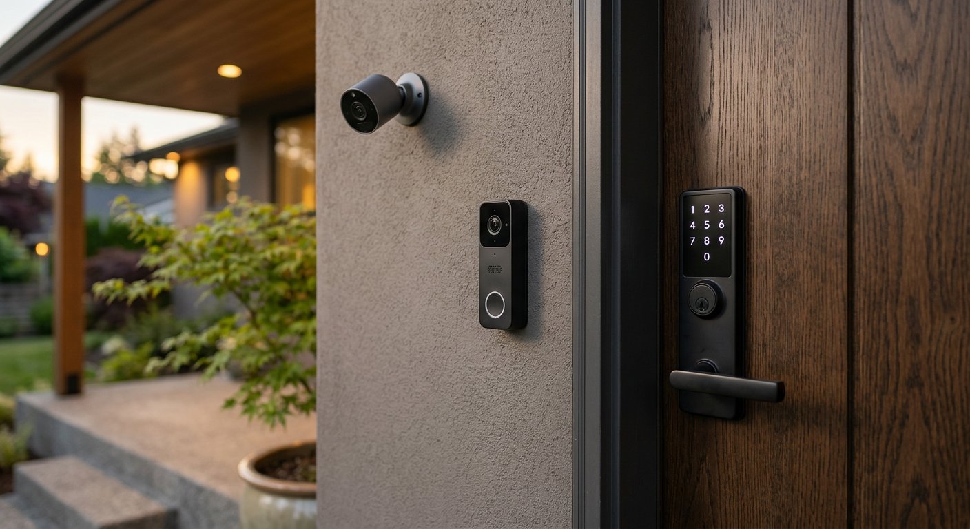 Smart doorbell, keypad lock and camera fitted at a home entrance