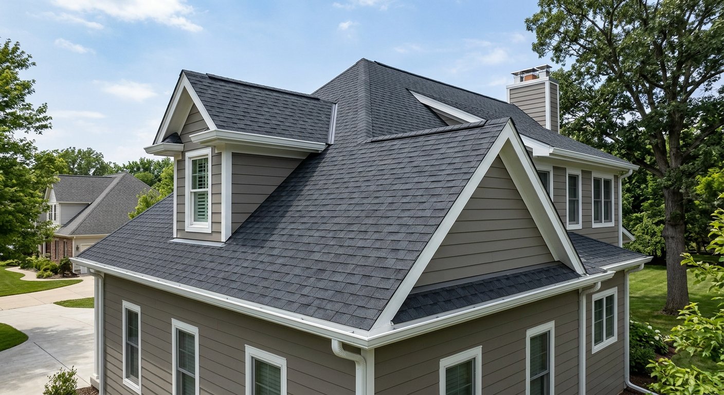 Newly installed architectural shingle roof with clean ridge lines