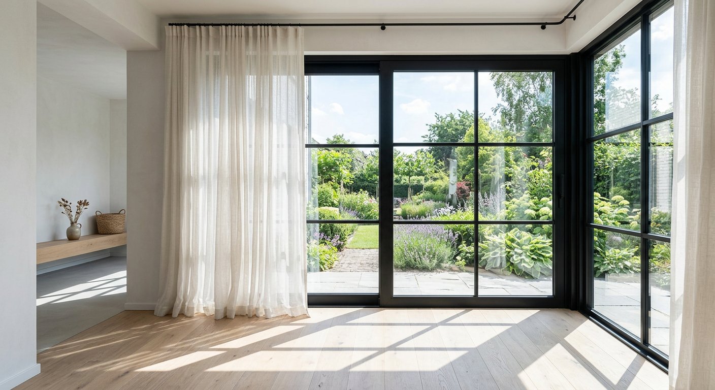 Newly fitted black-framed windows with daylight falling across the floor